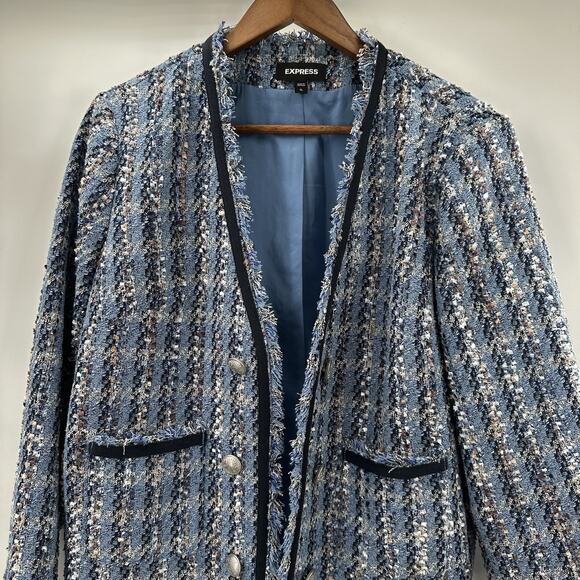 Express Womens Blazer Jacket Womens XL Blue Plaid Boucle Eyelash Tweed Open - Picture 3 of 10